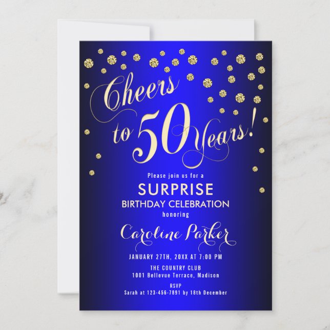 Surprise 50th Birthday Party - Royal Blue Gold Invitation (Front)