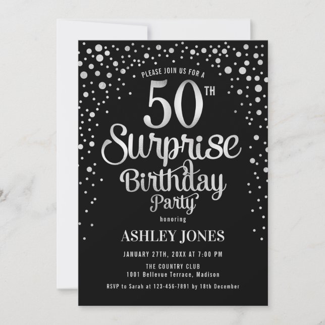Surprise 50th Birthday Party - Silver & Black Invitation (Front)