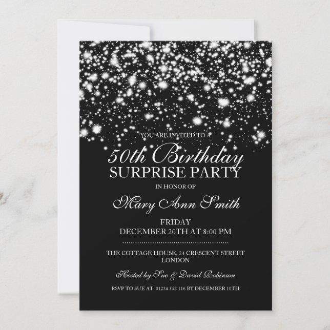 Surprise 50th Birthday Party Silver Midnight Glam Invitation (Front)