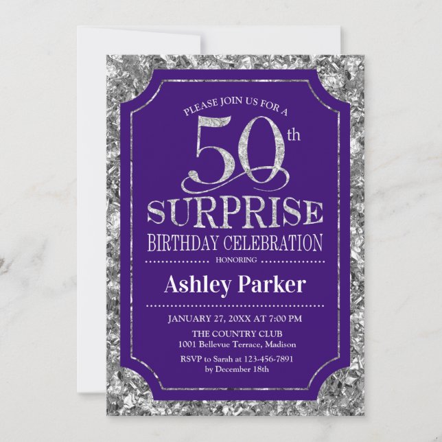 Surprise 50th Birthday Party - Silver Purple Invitation (Front)