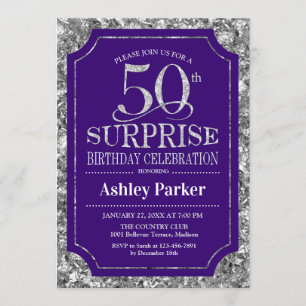 Surprise 50th Birthday Party - Silver Purple Invitation