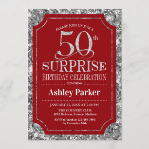 Surprise 50th Birthday Party - Silver Red Invitation