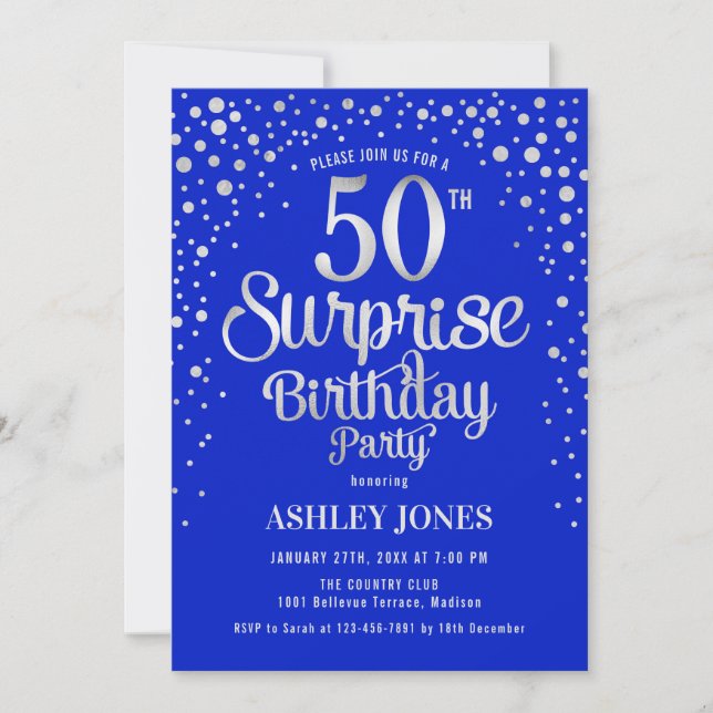 Surprise 50th Birthday Party - Silver & Royal Blue Invitation (Front)
