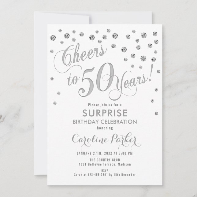 Surprise 50th Birthday Party - Silver White Invitation (Front)