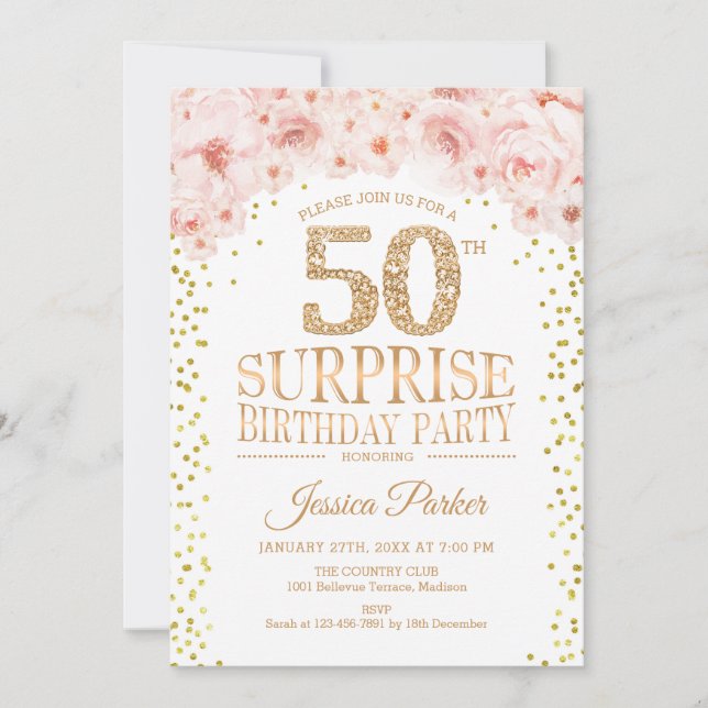 Surprise 50th Birthday Party - White Gold Pink Invitation (Front)