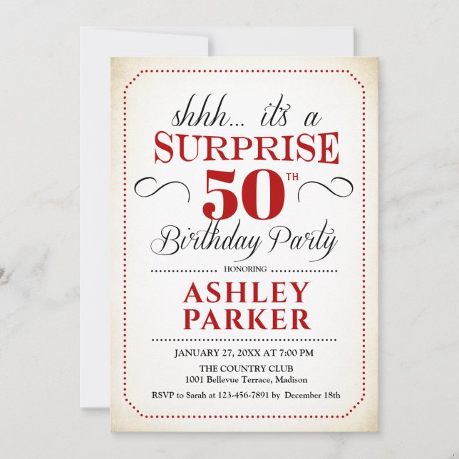 Surprise 50th Birthday Party - White Red Black Invitation (Front)