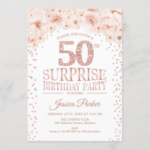 Surprise 50th Birthday Party - White Rose Gold Invitation