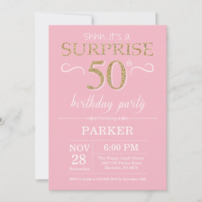 Surprise 50th Birthday Pink and Gold Glitter Invitation (Front)