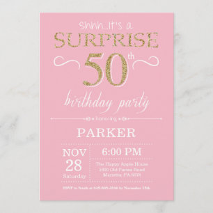 Surprise 50th Birthday Pink and Gold Glitter Invitation