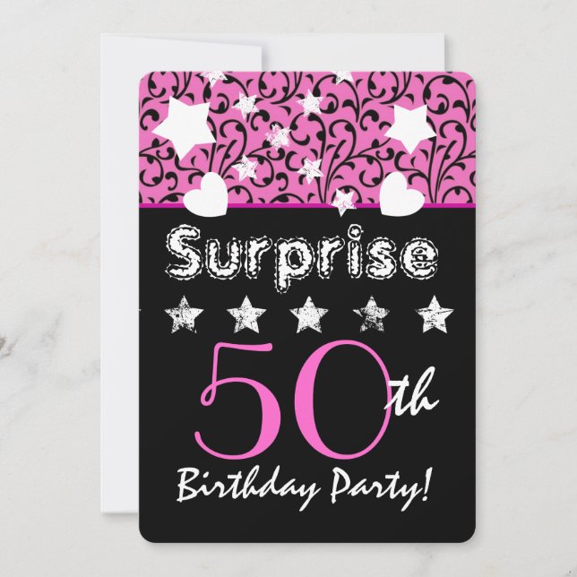 SURPRISE 50th Birthday Pink Swirls Hearts Stars Invitation (Front)