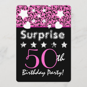 SURPRISE 50th Birthday Pink Swirls Hearts Stars Invitation