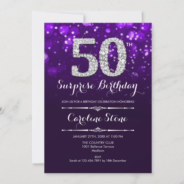 Surprise 50th Birthday - Purple Silver Invitation (Front)