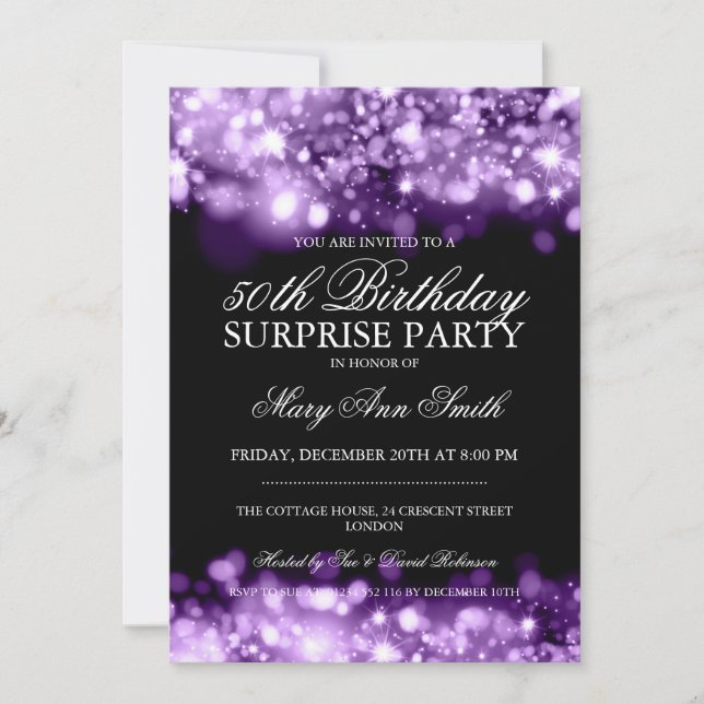 Surprise 50th Birthday Purple Sparkling Lights Invitation (Front)