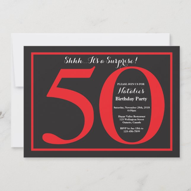 Surprise 50th Birthday Red and Black Chalkboard Invitation (Front)