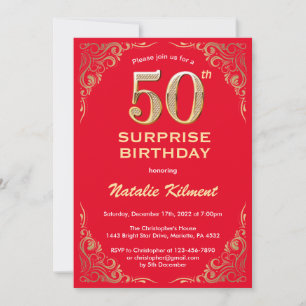 Surprise 50th Birthday Red and Gold Glitter Invitation