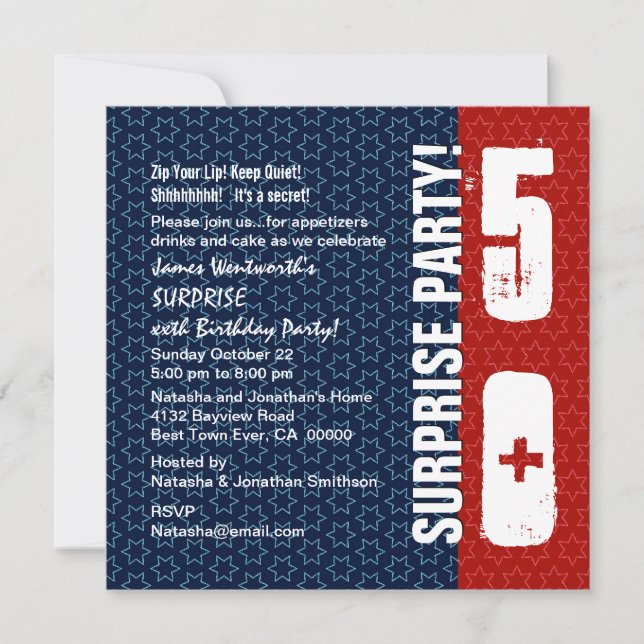 SURPRISE 50th Birthday Red White Blue Stars Invitation (Front)