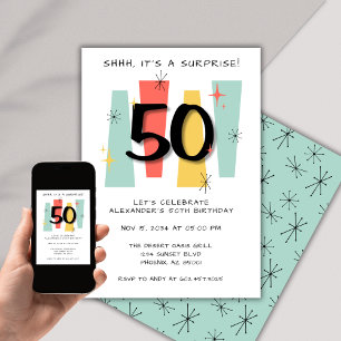 Surprise 50th Birthday Retro Midcentury Modern Invitation