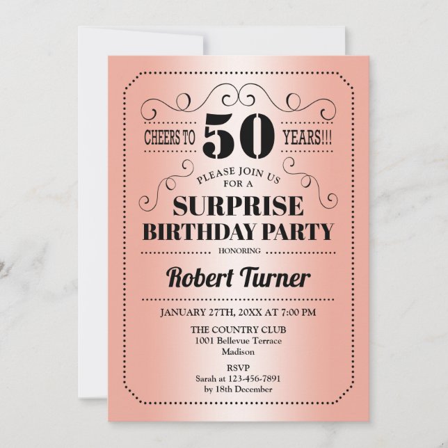 Surprise 50th Birthday - Rose Gold Black Invitation (Front)