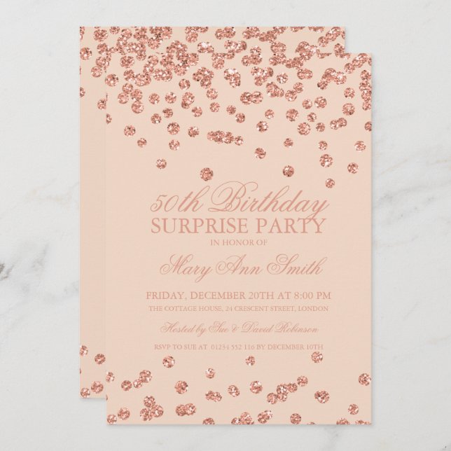 Surprise 50th Birthday Rose Gold Glitter Blush Invitation (Front/Back)