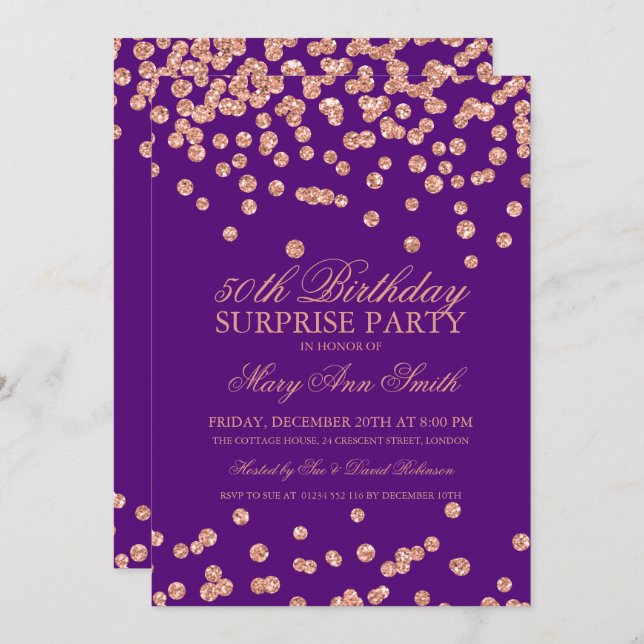 Surprise 50th Birthday Rose Gold Glitter Purple Invitation (Front/Back)
