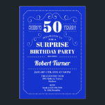 Surprise 50th Birthday - Royal Blue Invitation<br><div class="desc">Surprise 50th Birthday Invitation.
Elegant retro royal,  blue and white design. Cheers to 50 years! Can be customized to show any age.</div>