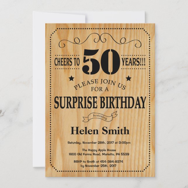 Surprise 50th Birthday Rustic Wood Invitation (Front)