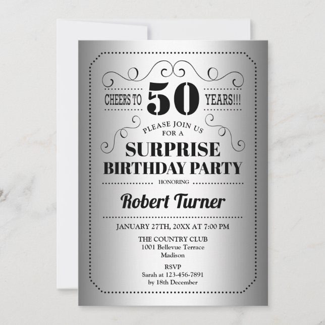 Surprise 50th Birthday - Silver Black Invitation (Front)