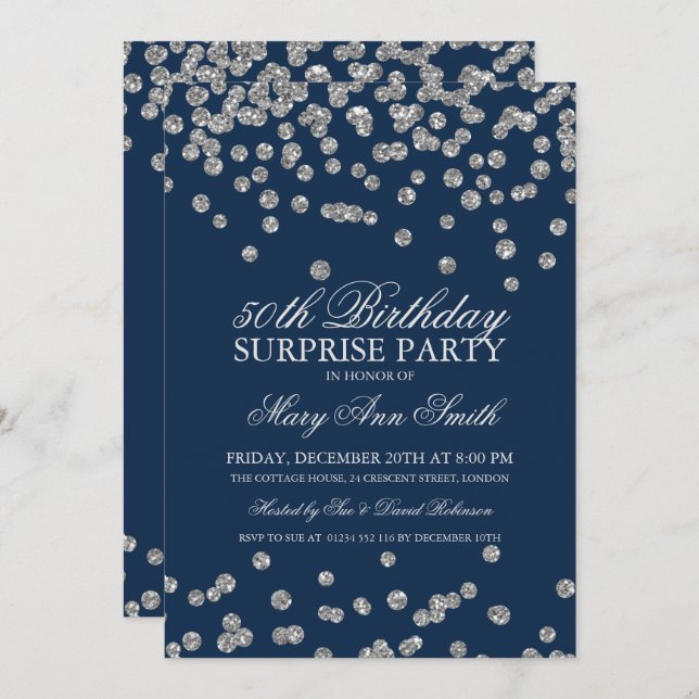 Surprise 50th Birthday Silver Glitter Navy Blue Invitation (Front/Back)