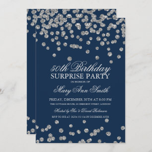 Surprise 50th Birthday Silver Glitter Navy Blue Invitation