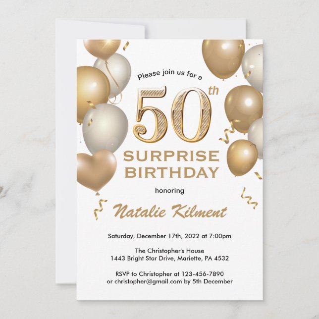Surprise 50th Birthday White and Gold Balloons Invitation (Front)