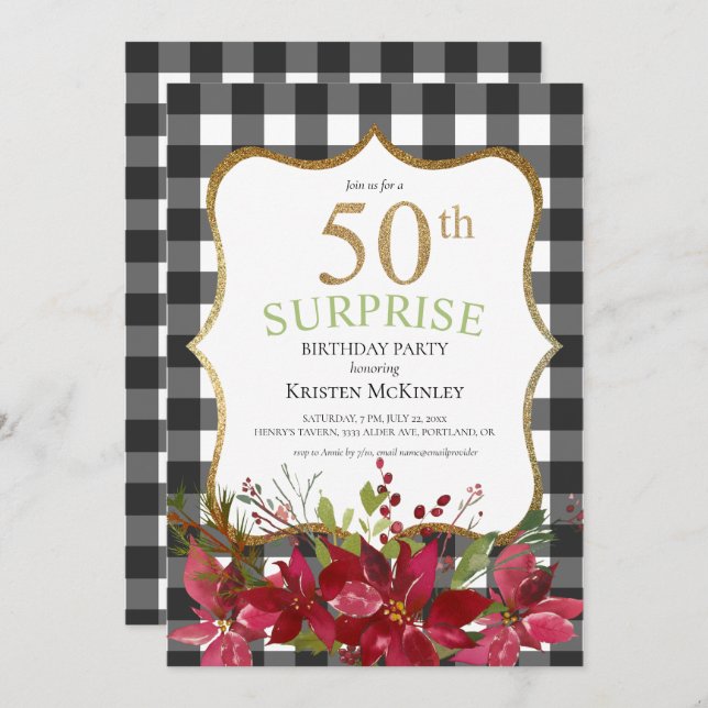 Surprise 50th Buffalo Plaid Red Flowers Birthday Invitation (Front/Back)