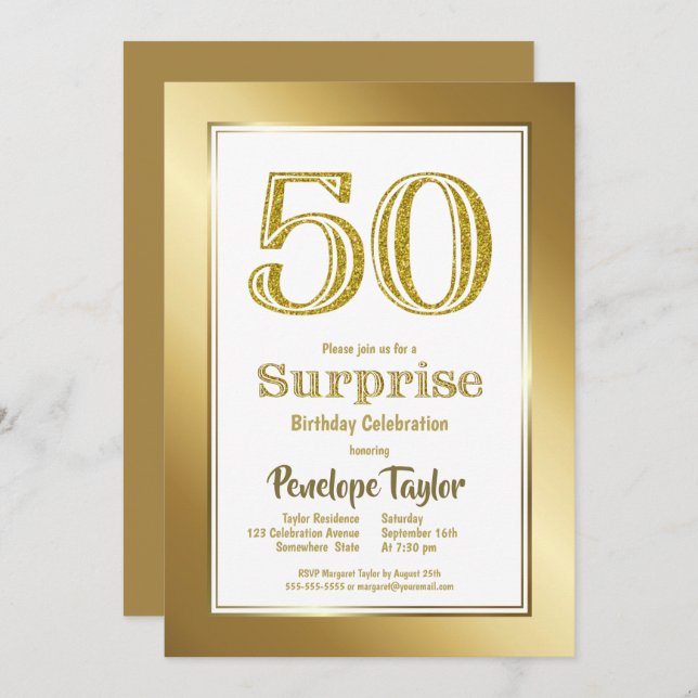 Surprise 50th Gold Birthday Party Invitation (Front/Back)