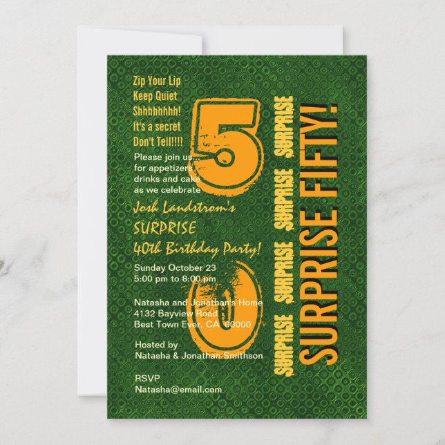 SURPRISE 50th Modern Birthday Green and Gold C831 Invitation (Front)