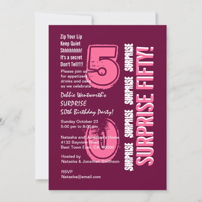 SURPRISE 50th Modern Birthday Pink Burgundy Wine Invitation (Front)