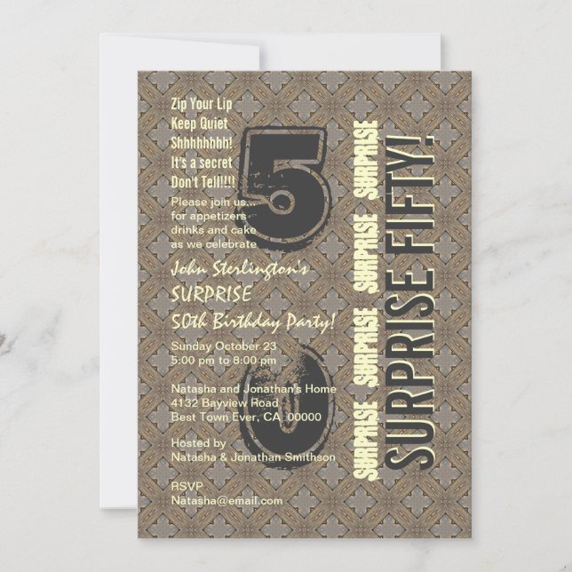 SURPRISE 50th Modern Birthday Wood Tone Pattern Invitation (Front)