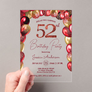 Surprise 52nd Birthday Party Gold Burgundy Glitter Acrylic Invitations