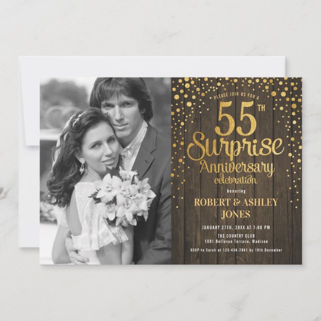 Surprise 55th Anniversary with Photo - Wood Gold Invitation (Front)