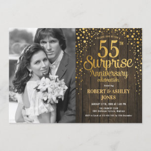 Surprise 55th Anniversary with Photo - Wood Gold Invitation