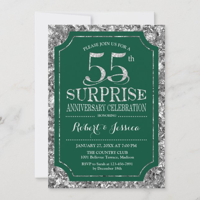 Surprise 55th Wedding Anniversary - Green Silver Invitation (Front)