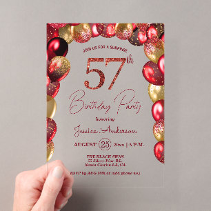 Surprise 57th Birthday Party Gold Burgundy Glitter Acrylic Invitations