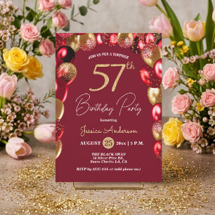 Surprise 57th Birthday Party Gold Burgundy Glitter Invitation