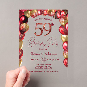 Surprise 59th Birthday Party Gold Burgundy Glitter Acrylic Invitations