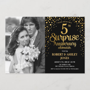 Surprise 5th Anniversary with Photo - Black Gold Invitation