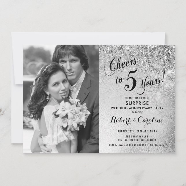 Surprise 5th Anniversary with Photo - Silver White Invitation (Front)