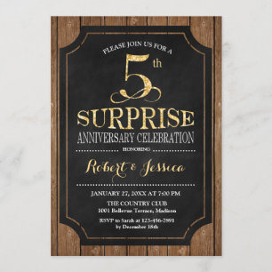 Surprise 5th Wedding Anniversary - Black Wood Gold Invitation