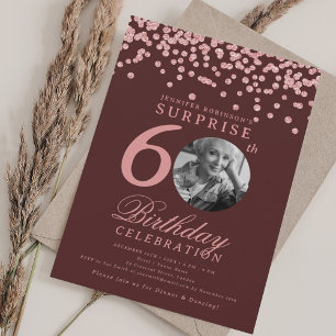 SURPRISE 60 Birthday Rose Gold Confetti Burgundy  Invitation