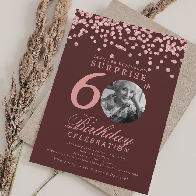 SURPRISE 60 Birthday Rose Gold Confetti Burgundy  Invitation (SURPRISE 60 Birthday Rose Gold Confetti Burgundy Invitation)