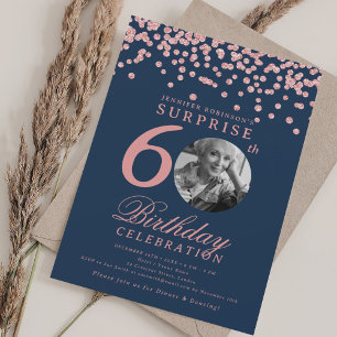 SURPRISE 60 Birthday Rose Gold Confetti Navy Blue  Invitation