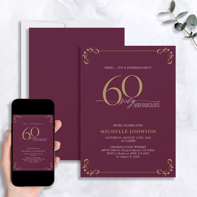 Surprise 60 & Fabulous Burgundy & Gold Birthday Invitation (Creator Uploaded)