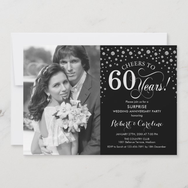 Surprise 60th Anniversary with Photo Black Silver Invitation (Front)